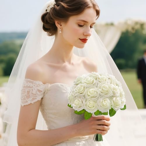 Lifewit Artificial Flowers, 25 Pcs Ivory Foam Real Looking Roses with Stems, Fake Roses for DIY Wedding Bouquets, Centerpieces Arrangements, Valentine Decorations - color: Ivory
