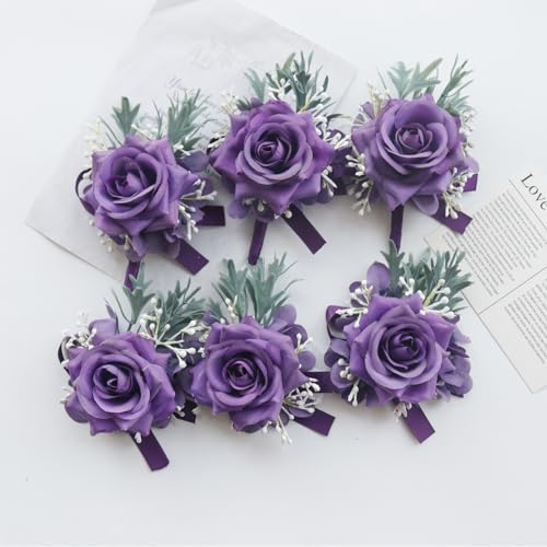 MAFELOE 2 Pieces Boutonniere Wrist Corsage Set, Artificial Rose Flowers Men Women Bride Groom Wedding Prom Party Suit Decor - Dark Purple