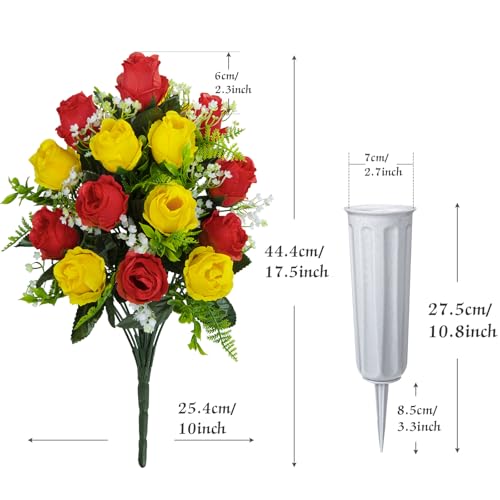 XONOR Artificial Cemetery Flowers for Grave Decorations, Artificial Memorial Roses Flowers Bouquet with Vase for Cemetery Headstones Decoration, 2 Sets (Red&Yellow) - color: Red&yellow