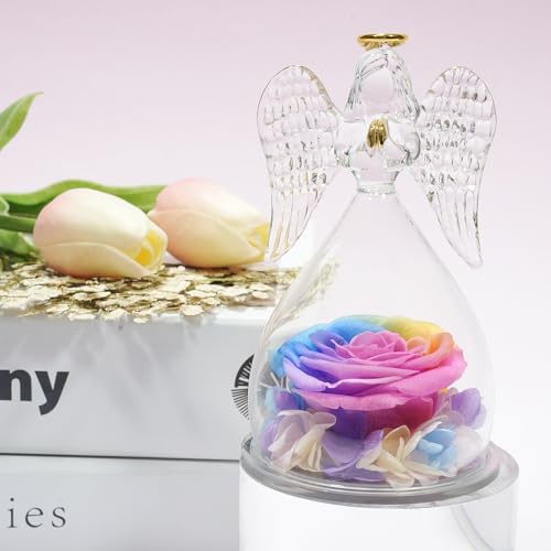 Miofula Gifts for Mom Birthday Gifts for Women, Preserved Flowers Rose in Glass Angel Figurines, Fresh Flowers for Delivery Anniversary Forever Real Roses Gifts for Mothers Grandma Her Wife Girlfriend - color: Rainbow