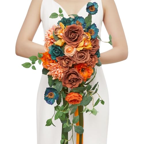 Serwalin Orange & Teal Wedding Bouquets for Bride & Bridesmaid - Fall Cascading Artificial Flower Bouquets for Wedding Ceremony, Bridal Shower & Anniversary - color: Acclaimed Teal and Burnt Orange