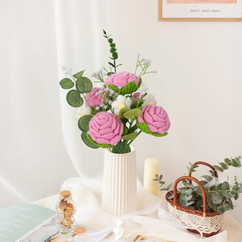 Foyucool Crochet Flowers Bouquet, Handmade Knitted Rose Bouquet with Gift Bag for Home Deocor, Crocheted Finished Flower for Wedding, Mother's Day, Teachers' Day and Valentine's Day, Pink White - color: Pink White