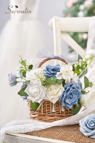 Serwalin Artificial Flowers Blue Fake Silk Foam Wedding Flowers for Bridal Bouquet White Roses with Stems for Home Party Decoration Faux Flower Table Centerpieces Arrangements for Baby Shower - color: A Blue & White, size: 1 Box