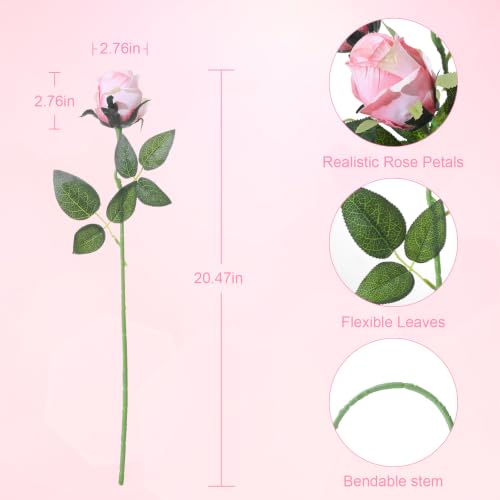 60Pcs Realistic Fake Roses Faux Flowers with Long Stems, Artificial Silk Rose Flowers for Valentines Day Home Wedding Decor Bridal Bouquet (Light Pink-60) - color: Light Pink-60