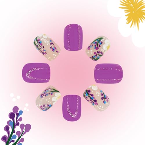 Flower Press on Nails Short Square Fake Nails Purple False Nails with Purple Floral Designs Full Cover Stick on Nails Glue on Nails Flower Nails Acrylic Nails for Women Girls 24 Pcs - color: Flower Square23