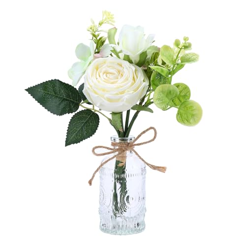 AFRITEE Faux White Silk Flower Arrangements - Centerpiece Table White Rose Flower Bouquet in Small Vase Set for Home Indoor Dining Room Wedding Centerpieces Coffee Table Decor - color: White Bouquet+relief Vase