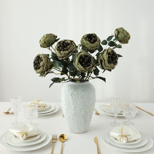 mizii 6Pcs Burnt Green Artificial Roses Flowers Fake Silk Roses Flower with Long Stem for Wedding Decorations Table Centerpieces Flower Arrangement Home Decor (Burnt Green) - color: Burnt Green