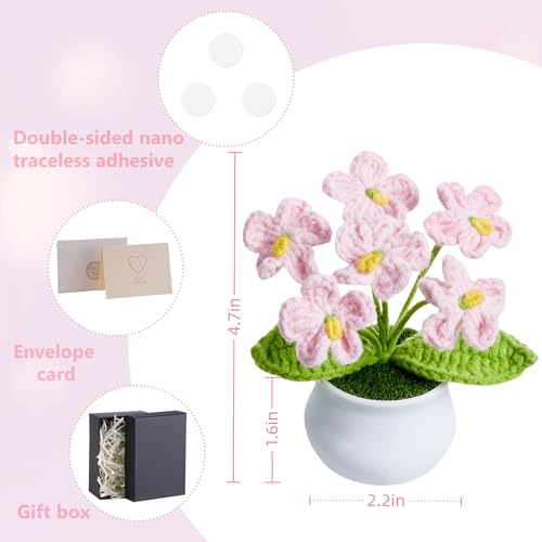 Crochet Flowers Cute Light Pink Handmade Knitted Potted Flower Gifts for Women Teacher Coworkers Birthday Anniversary Valentines Decorationsfor Car Dashboard Home Room Office Desk Plants Decor - color: Light Pink