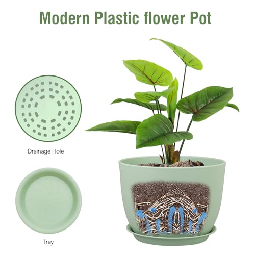 Meowell 12 inch Big Plant Pots, Plastic Planters with Drainage Holes and Trays, Flower Pots for Indoor Outdoor Plants, Modern Decorative Pots for Garden House Plants, Green - color: Green, size: 12inch C