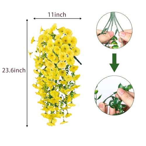 4PCs Hanging Morning Glory UV Resistant Artificial Outdoor Flowers,Faux Flowers for Planters,Hyeflora Cascading Plants Garden,Home Decor,Wedding,Patio,Porch,Yard(Yellow,2 Bunches/4Pcs) - color: Yellow, size: 2 Bunches/ 4Pcs