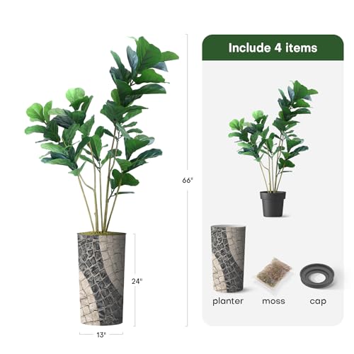Artificial Tree in Geometric Pattern Planter, Fake Ficus Lyrata Silk Tree for Indoor and Outdoor Home Decoration - 66" Overall Tall (Plant Pot Plus Tree) - style: Ficus Lyrata