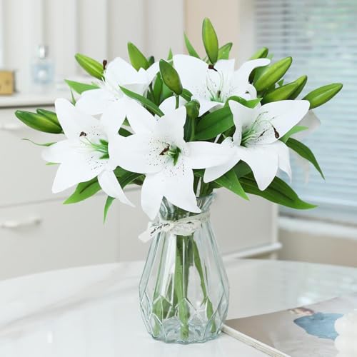 JOSON 6-piece Artificial Lily Easter Lily Artificial Flower Set, Non Fading, Used for Wedding, Family Gathering, Office Decoration (White) - color: White