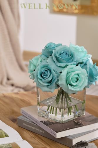 WELL KNOWN Rose Artificial Flowers in Vase with Faux Water, Silk Rose Table Centerpieces for Home Coffee Table Decor, Fake Roses Flower Arrangements for Office Hotel Lavatory Decor (Light Teal Blue) - color: Light Teal Blue