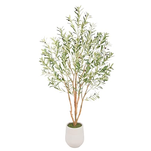 Bellacat 6ft Super Fuller Faux Olive Tree with White Decorative Planter & Multiple Real Wood Trunks, 72in Olive Trees Artificial Indoor with Realistic Fruit, Fake Olive Tree for Indoor Décor - style: 6ft Olive Tree