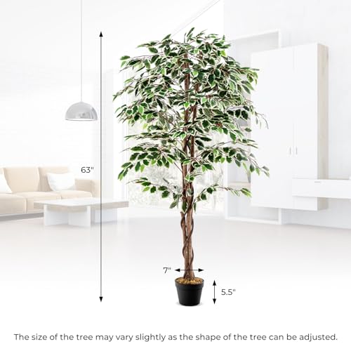 Goplus Artificial Ficus Tree, 5.5ft Tall Lush Faux Tree for Home Decor Indoor with 1008 Leaves, Sturdy Nursery Pot, Decorative Fake Ficus Tree Artificial Plants for Office, Living Room, Porch