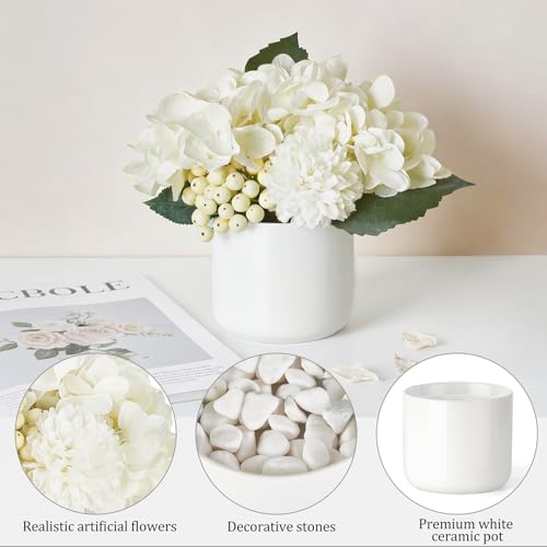 Dahey Hydrangea Artificial Flowers in Small Ceramic Vase, Fake Flower Floral Arrangements for Living Room Bathroom Dining Table Centerpice Wedding Party Spring Home Decor