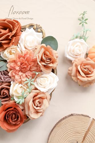 Floroom Terracotta Artificial Flowers Burnt Orange Fake Roses Peonies Dahlia Greenery Combo Box Set for DIY Wedding Bouquets Bridal Shower Centerpieces Floral Arrangements Party Tables Home Decoration - color: Amber Terracotta