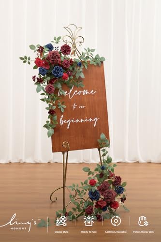 Ling's moment 2pcs Wedding Flowers Garland Artificial Floral Swag Arch Decorations Greenery Arrangements Burgundy & Navy Blue Ceremony Reception Garden Easel Wall Entryway Outdoor NOT Include Sign - color: Burgundy & Navy Blue