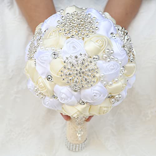Sharebeauty 7.9 Inch Handmade Satin Rose Bridal Bouquet Toss Round Wedding Bouquet Throw Toss Artificial Flower Bunch Ivory + White - color: W3217d02 Ivory/White