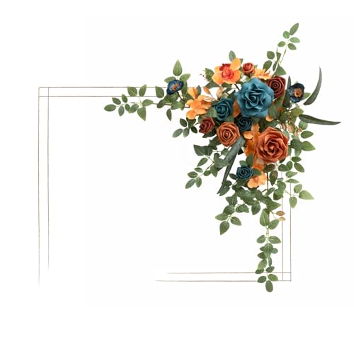 Ling's Moment Wedding Artificial Welcome Sign Flowers Swag Arch Floral Garland Decorations Teal Orange for Ceremony Reception Entrance Entryway Party Banquets Easel Wall Home Outdoor(NOT Include Sign) - color: Teal & Orange