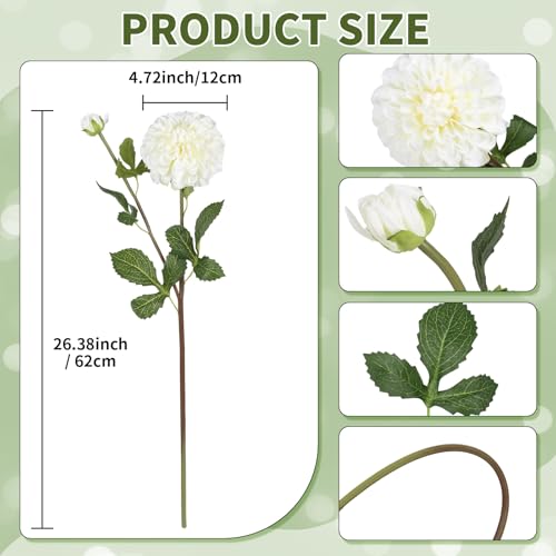 IPOPU 4pcs Artificial Dahlia Flowers 29" Long Stem Faux Flower Realistic Silk Dahlia Flowers with Buds for Tall Vase DIY Bouquet Home Wedding Decor (White) - color: White