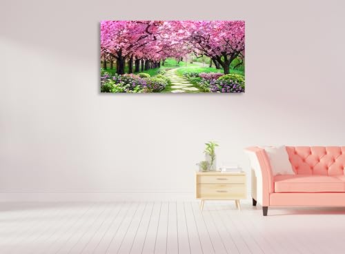 Aibonnly Canvas Wall Art Painting Pink Cherry Blossoms 1 Piece Park Tree Forest Wallpaper Spring landscape Picture Poster Print Framed and Stretched Ready to Hang for Living Room Bedroom Artwork - color: Pink, size: 48"L x 24"W