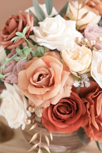 Floroom Terracotta Artificial Flowers Burnt Orange Fake Roses Peonies Dahlia Greenery Combo Box Set for DIY Wedding Bouquets Bridal Shower Centerpieces Floral Arrangements Party Tables Home Decoration - color: Amber Terracotta