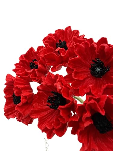 Artificial Poppy Flowers Bouquet High Quaulity Fresh Luxury Vintage PU Faux Silk Flowers - Large Real Touch Blooms for Wedding Birthday Home Decor Table Centerpiece Vase (6, Red) - color: Red