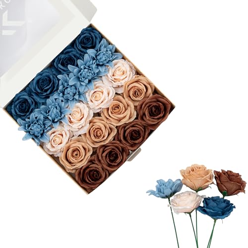 FANKO Artificial Flowers for DIY, Blue Brown Faux Flowers Bouquet, Fake Flowers with Roses Dahlia Silk Flowers for Vase, Home Decor, Wedding Centerpiece, Father’s Day, Party - color: Brown & Blue
