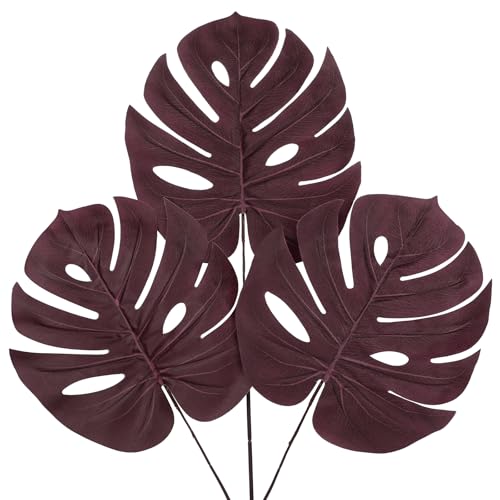 DILATATA Artificial Monstera Leaves with Stems 30" Fall Faux Tropical Leaf Burgundy Silk Monstera Leaves Fake Palm Branches for Home Fireplace Farmhouse Centerpieces Thanksgiving Wedding Autumn Décor - color: 30“ Monstera#burgundy Silk 3pcs