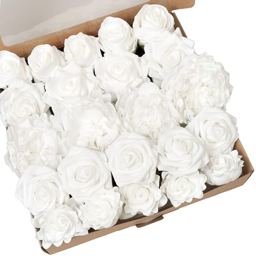 23pcs White Artificial Flowers Combo Box - Lifelike Premium Foam Peonies, Roses & Gardenias with Stems - DIY Wedding Bouquets, Centerpieces, Bridal Shower Decor & Bulk Fake Flowers - color: White