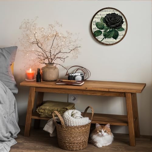 BIWSHA Vintage Halloween Black Rose Floral Wooden Wall Art Decor, Antique Gothic Dark Academia Floral Music Sheet Halloween Round Wall Hanging Decor for Home Bedroom Living Room, 10 Inch Diameter