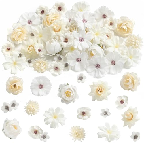 rongflower Faux Flower Heads Small Silk Artificial Flower DIY Fake Mini Flowers Rose Daisy Multicolor Flowers Craft Supplies for Wedding Party Wreath Graduation Season Party Home Decor (45, White) - color: White