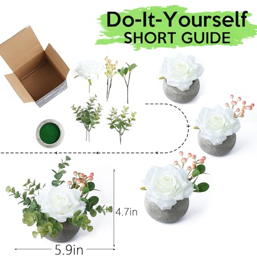 mizii DIY Small Artificial Flowers Potted Kit Fake Flower Realistic Silk Rose and Greenery with Vase for Gifts Table Centerpiece Mantle Office Desk Shelves Living Room Decorations (White) - color: White