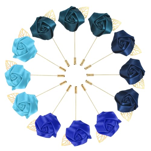 M METERXITY 1-Set Flower Lapel Pins for Men, Golden Leaf Rose Boutonnieres Pin for Wedding/Dance/Party, Mens Lapel Pins for Suits Satin Flower Corsage Hat Pins [Blue Set] - color: Sapphire Blue, Blue, Indigo, Navy Blue