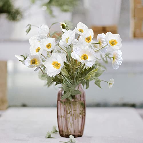 Artificial Flowers 5Pcs Poppies Flowers Artificial Silk Flowers for Home Office Wedding Outdoor Decor (White) - color: White