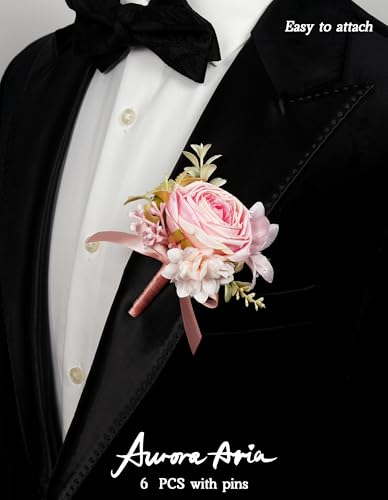 AuroraAria Pink Boutonniere for Men,Set of 6,Groom Boutonniere for Wedding,Anniversary,Homecoming,Formal Dinner Party,Wedding Decor,Artificial Pink Rose - color: Pink