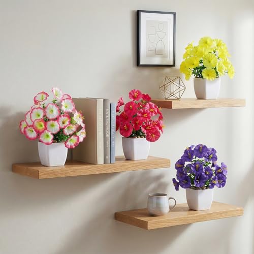 LOYWREE 4 Pack Small Colorful Artificial Flowers in White Pots, Fake Mini Potted Plants, Spring Floral Decor for Home Bathroom Shelves Office Desk Table Centerpiece Indoor Decoration - color: Morning Glory-white Pot, size: White Pot