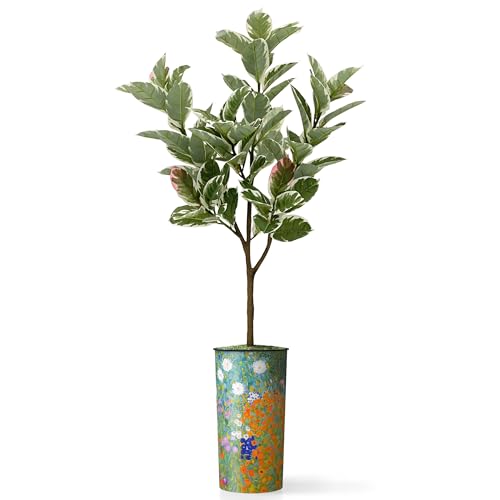 Artificial Tree in Colorful Flower Pattern Planter, Fake Rubber Silk Tree for Indoor and Outdoor Home Decoration - 70" Overall Tall (Plant Pot Plus Tree) - style: Rubber
