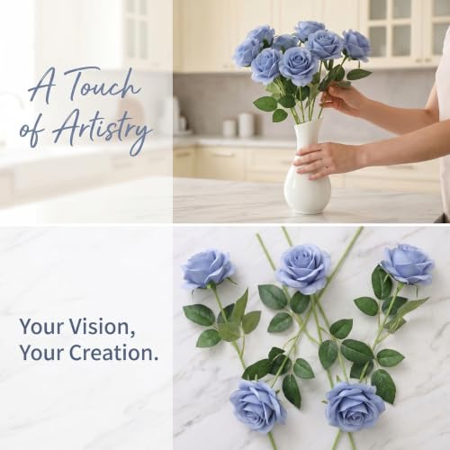 52pcs Dusty Blue Roses Artificial Flowers Fake Flowers Silk Roses with Stems for DIY Wedding Bouquets Bridal Shower Centerpieces Arrangements Party Decorations - color: Dusty Blue