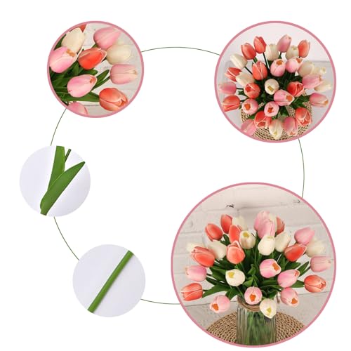 30pcs Tulips Artificial Flowers, Real Touch Fake Flowers Home Decor, Faux Tulips Bouquets Arrangements for Spring Easter Mothers Day Wedding Dining Room Table Decoration(3 Colors) - color: Cream & Pale Pink & Peach Pink