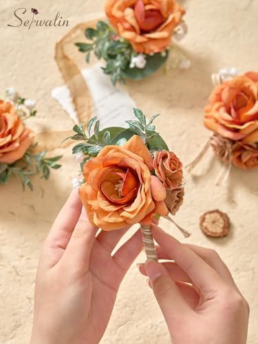 Serwalin 6PCS Orange Rose Boutonniere for Men Wedding Groom Groomsmen Best Man Boutonniere for Wedding Ceremony Anniversary Prom Flowers Formal Dinner Party, Orange - color: Orange, size: Boutonniere 6pcs