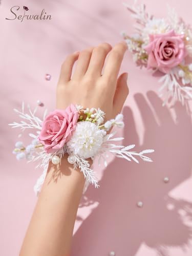 Serwalin 2 PCS Pink Wrist Corsage for Wedding, Corsages Wristlet for Bridesmaid Mother Grandmother Girl, Artificial Flowers for Prom Ceremony Homecoming Anniversary - color: Pink, size: Corsage 2pcs