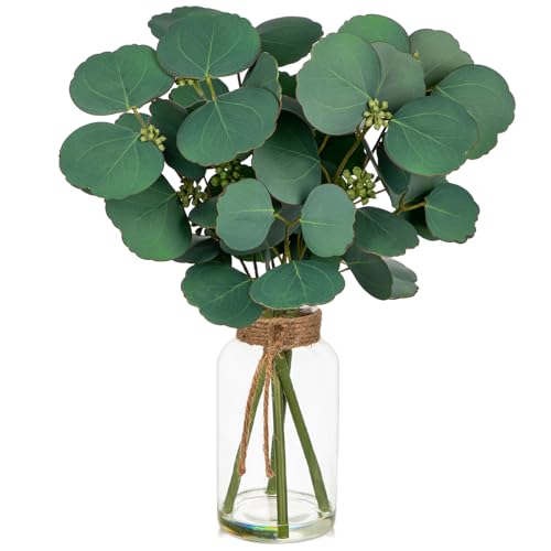 Briful Artificial Eucalyptus Stems in Clear Glass Vase with Faux Water, 14" Fake Plant Eucalyptus Leaves for Home Office Farmhouse Wedding Centerpiece Décor - color: Dark Green