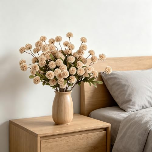HNVNER Faux Flowers for Vase 10PCS, Beige Long Stem Artificial Flowers Indoor Silk Pompon Mum, Realistic Fake Filler Stem for Tall Vase, Farmhouse Home Decoration Table Centerpieces - color: Beige