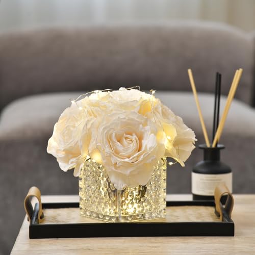 Artificial Rose in Glass Vase Vintage Silk Flower Arrangement with LED Light for Table Centerpiece Home Wedding Decoration (Cream) - color: Cream