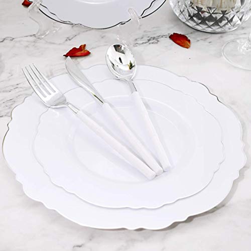 WDF 100pcs Silver Plastic Plates - High-end Baroque Design - Heavy Duty White &Silver Plates for Christmas Upscale Parties &Wedding - color: Silver, size: 100PCS