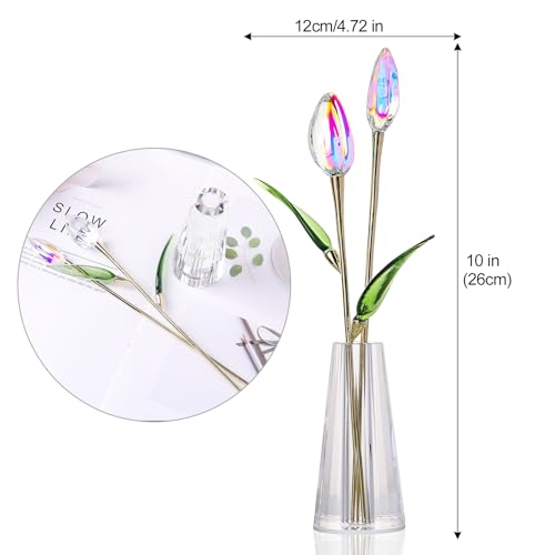 LONGWIN Crystal Tulips Flower Figurine Collectible with Vase Glass Spring Bouquet Flowers with Stem Home Decor Gift for Women Mom - color: Long - Ab Coated