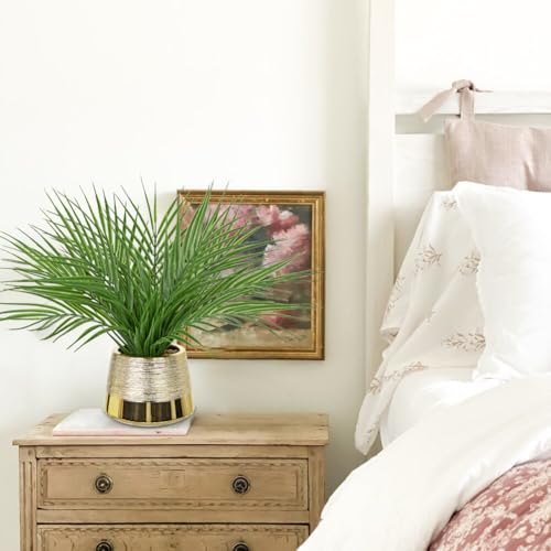 Briful Fake Plants Artificial Palm Leaf Plant in Gold Planter – 15’’ Tall Faux Tropical Greenery in Brushed Gold Pot for Modern Home Decor, Office Desk, Living Room, Shelf, Bathroom Decoration - color: Green#027