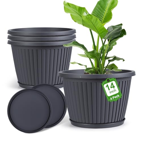 14-inch-Large-Planters-for-Outdoor-Plant，Plastic Indoor Flower Pots with Drainage Holes & Saucer，4 Packs Decorative Garden Pots for Plantfor Home Porch Decor - color: Gray, size: 14 inch-4 Pack